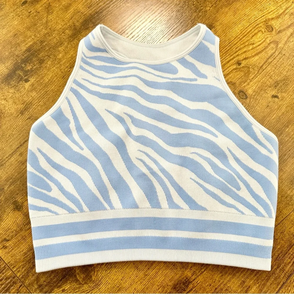 Spiritual Gangster High Neck Jacquard Bra, Light Blue Zebra Crop Bralette, S/XS